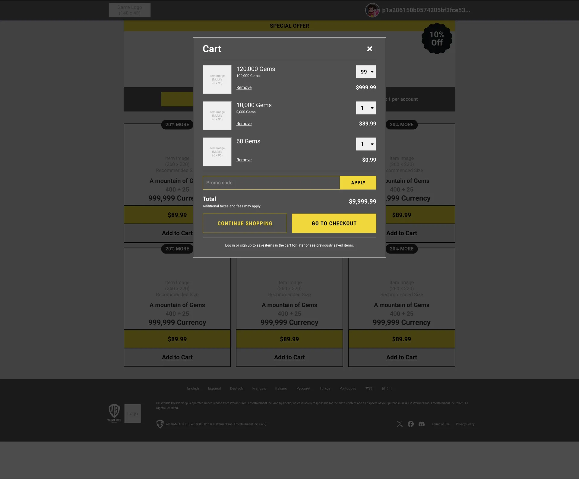 Cart desktop wireframe
