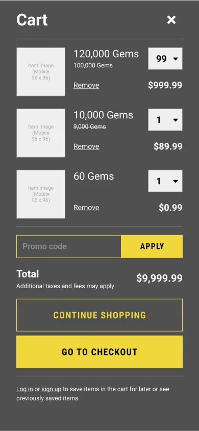 Cart mobile wireframe