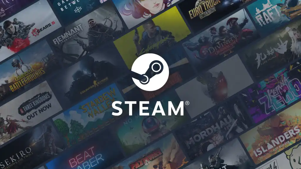 Steam logo over a collage of games