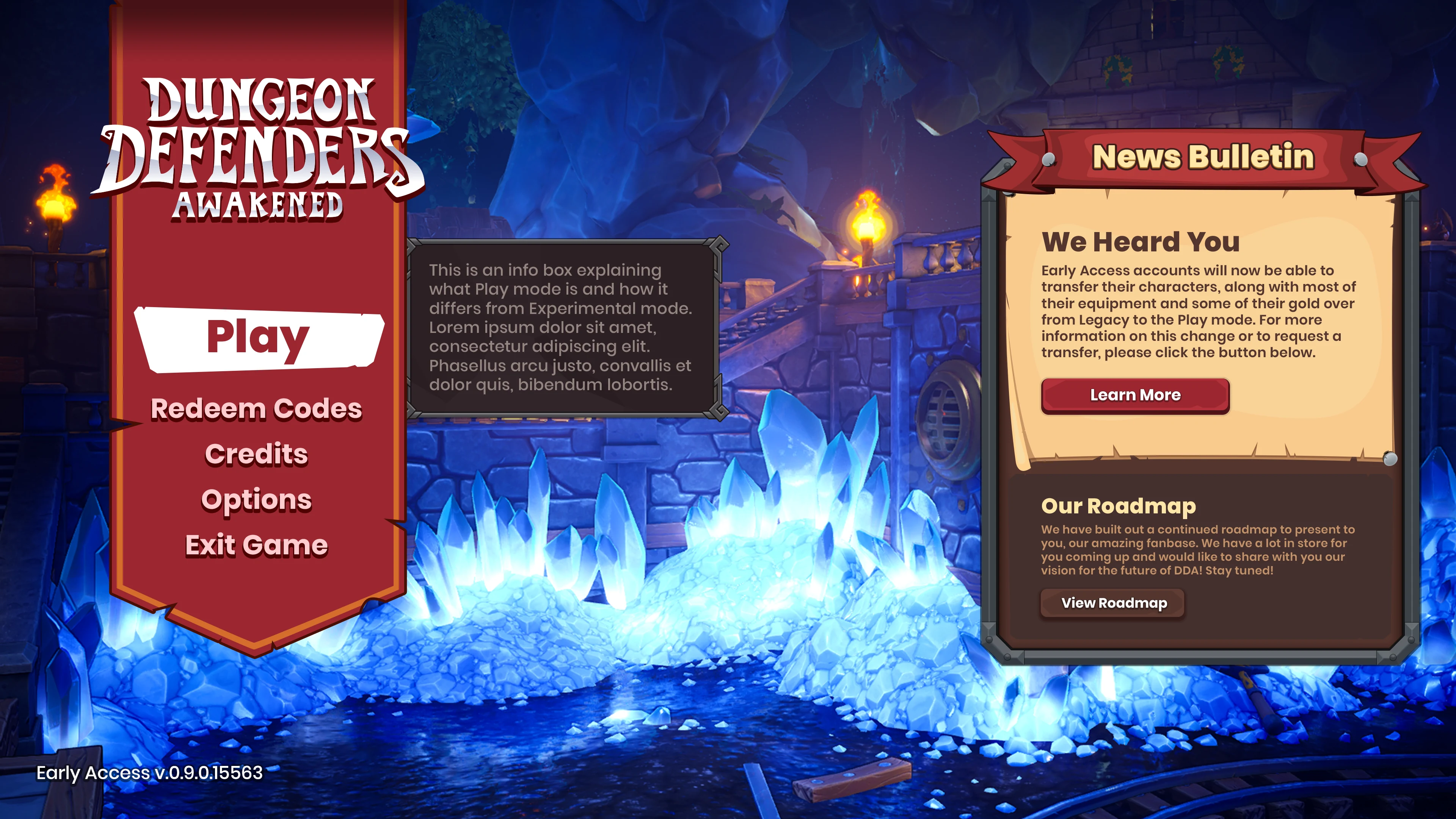 Dungeon Defenders Awakened main menu interface with news bulletin panel