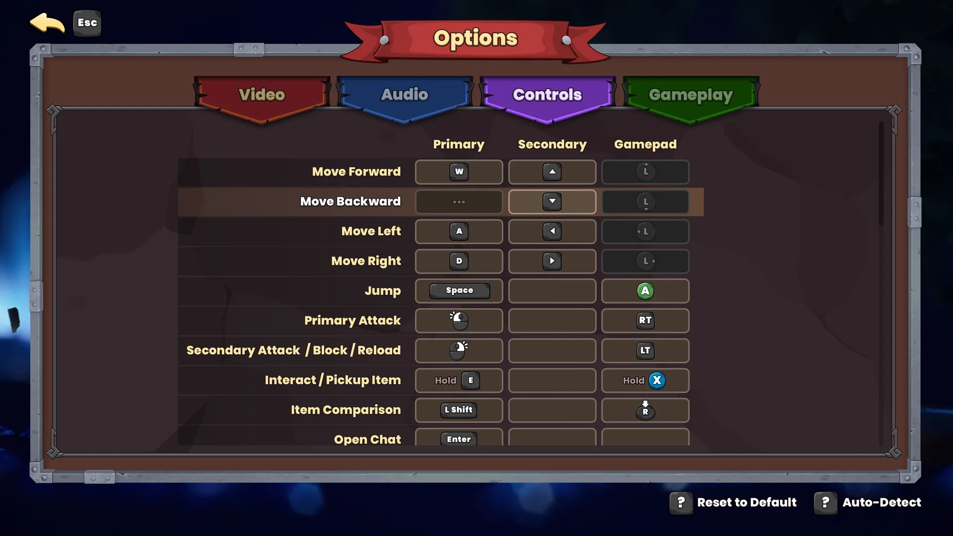 Dungeon Defenders: Awakened controller settings interface