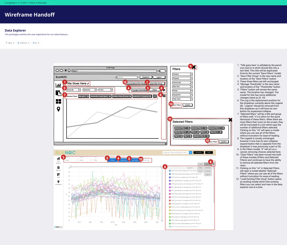 Mario's November 2021 handoff links numbered wireframe changes to an existing Data Explorer view and specifies filter behavior.