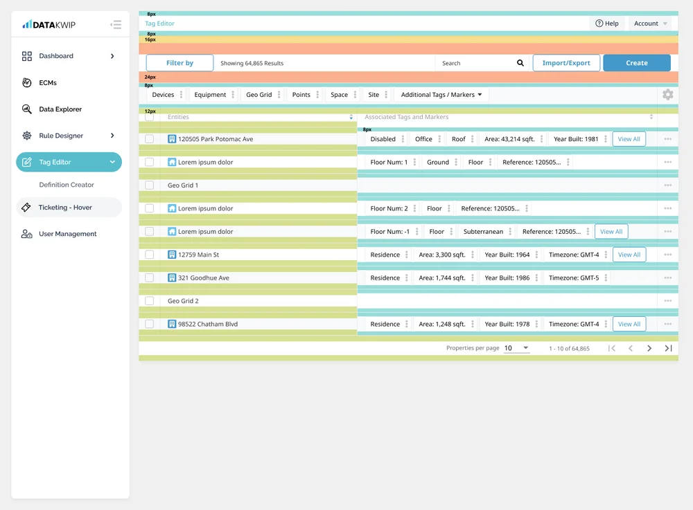 Tag Editor interface annotated with horizontal spacing guides of 8, 12, 16, and 24 pixels.