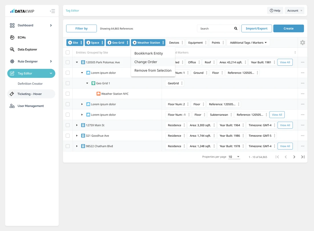 Historical Tag Editor design with white sidebar navigation, an expanded site, space, geo-grid, and weather-station hierarchy, and an open menu for bookmarking, reordering, or removing a selection.