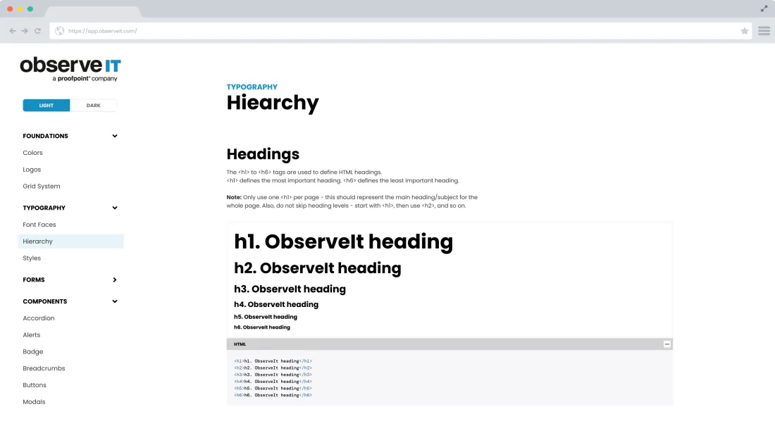 ObserveIT internal design system showing documented components and hierarchy