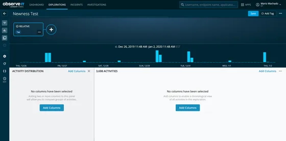 ObserveIT activity exploration design with a time filter, activity timeline, and panels prompting the user to select columns