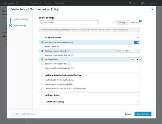 ObserveIT policy configuration design with a two-step wizard, recording settings, toggles, dropdowns, and grouped monitoring options
