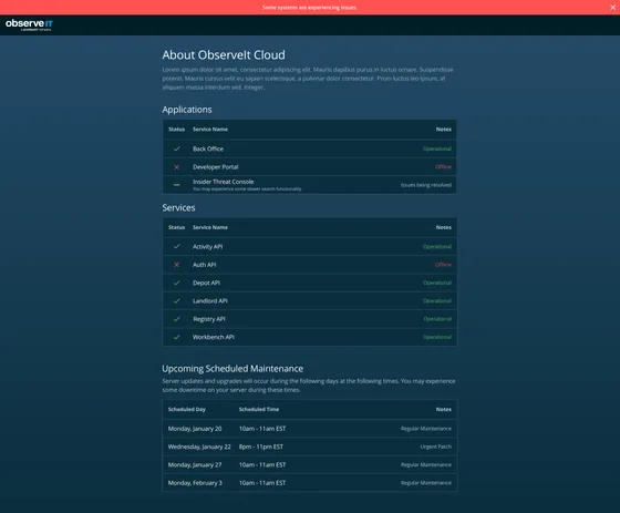 ObserveIT cloud service-status page design with application availability, service health, and scheduled maintenance tables