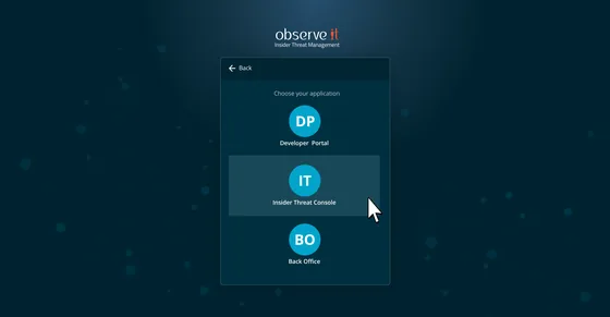 ObserveIT application chooser after sign-in, with Developer Portal, Insider Threat Console, and Back Office options against a dark branded background