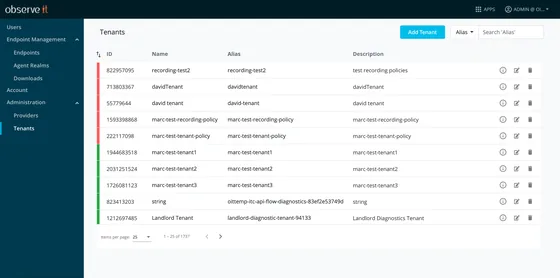 ObserveIT back-office tenant health design with test tenant rows, health indicators, and management actions