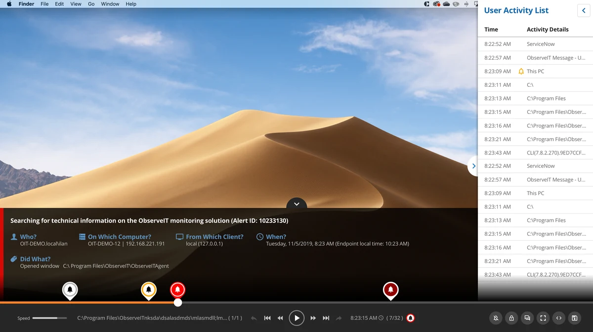 On-premises screen-replay player design with a user activity list, expanded activity details, alert markers, and playback controls