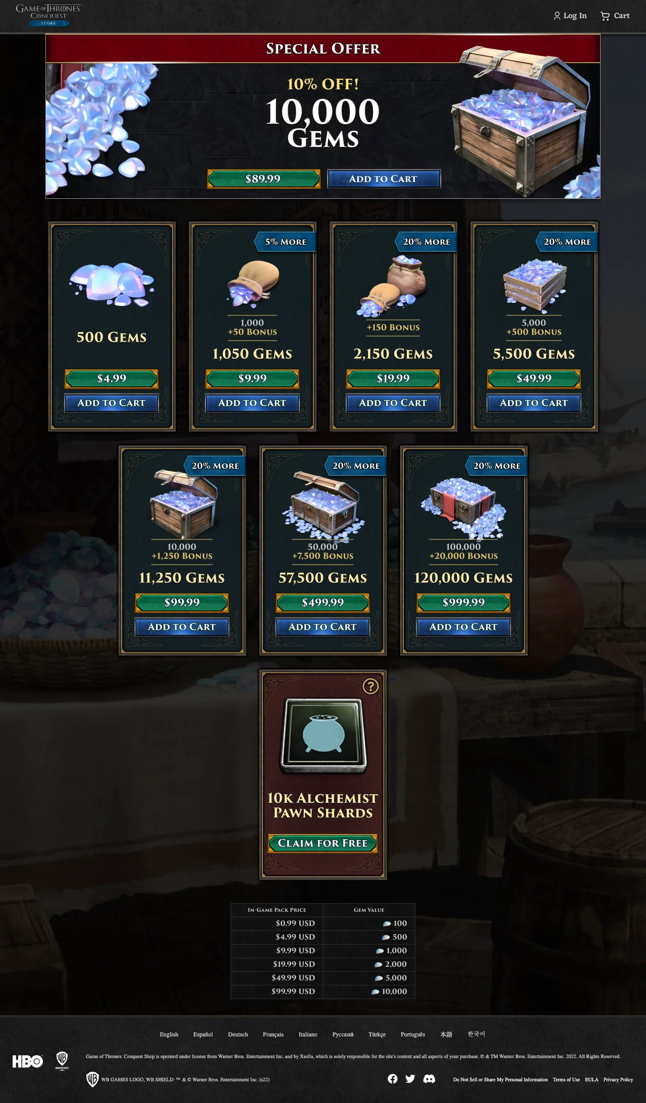 Game of Thrones: Conquest redesigned web store showing title-specific offers and a free claim item