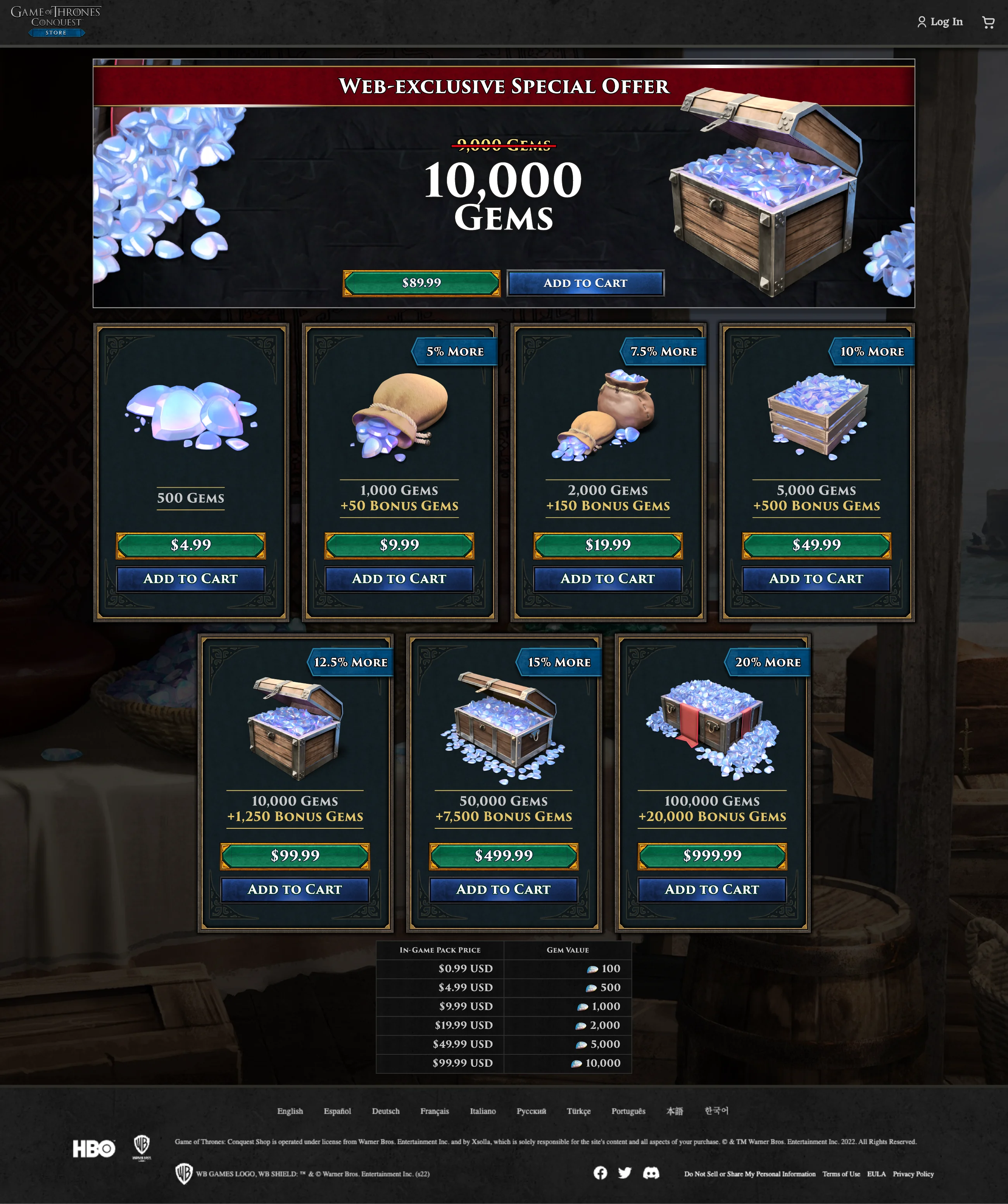 Redesigned Game of Thrones: Conquest web store before the free item was added