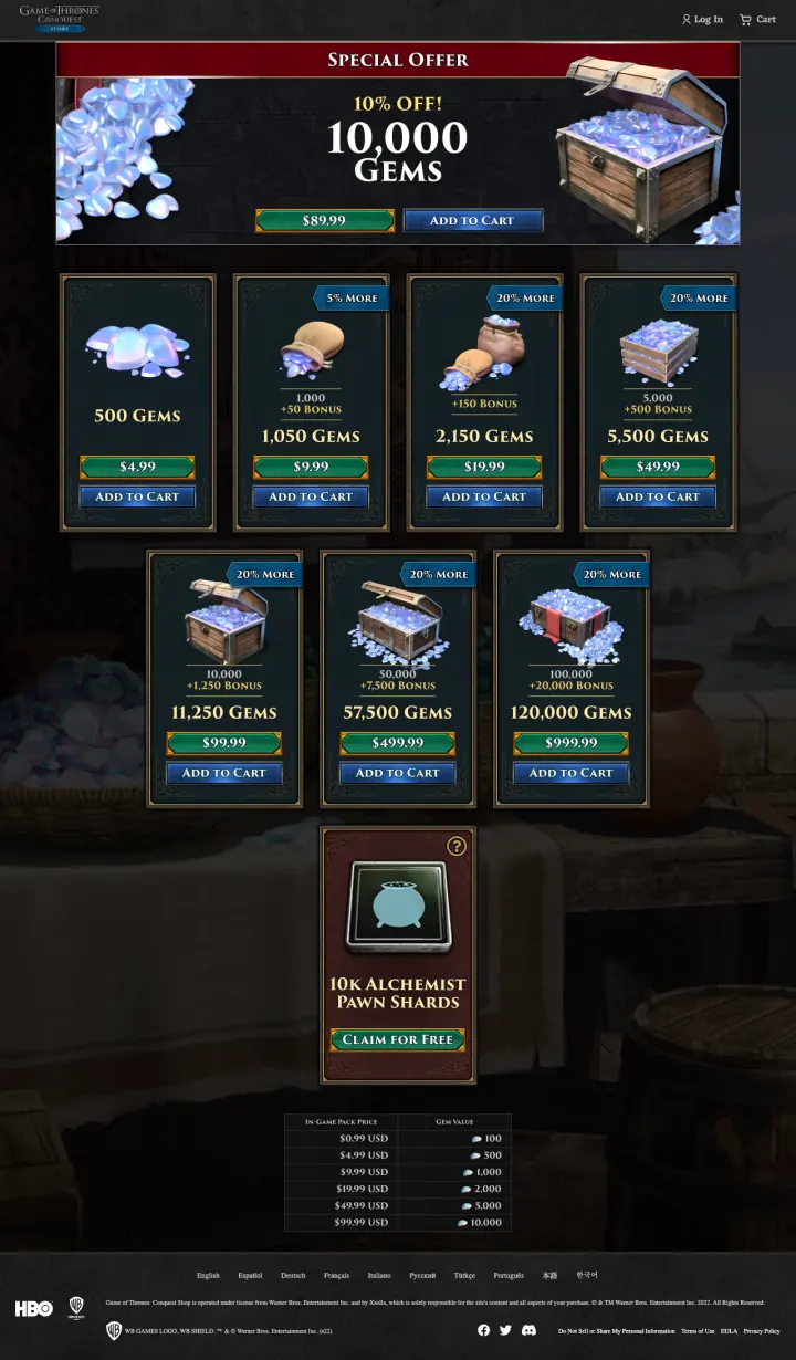 Game of Thrones: Conquest desktop storefront applying the shared commerce structure with title-specific art, offers, currency cards, and a free claim