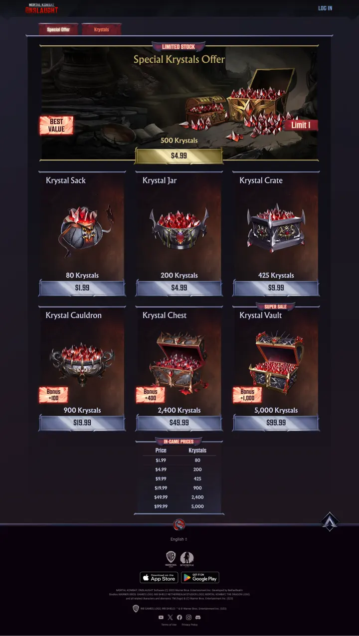 Mortal Kombat: Onslaught desktop storefront applying the shared commerce structure with title-specific art, offers, and currency cards