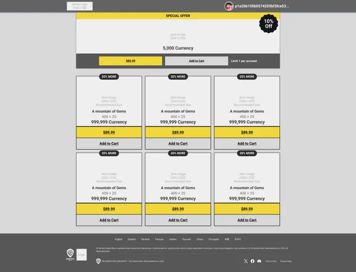 Desktop commerce wireframe with a featured offer and a reusable grid of currency product cards